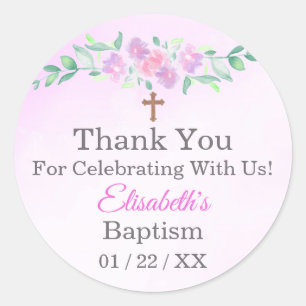 Sticker Rond Rose Poudrée Aquarelle Ombré Croix Baptême Cadeau