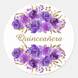 Sticker Rond Rose pourpre et feuille d'or Quinceanera