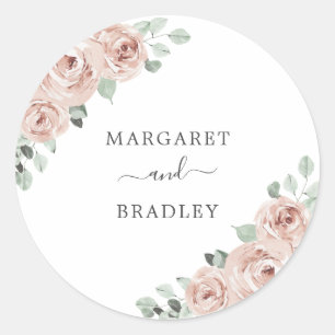 Sticker Rond Rose Poussiéreuse Fleurs Aquarelle Élégant Mariage