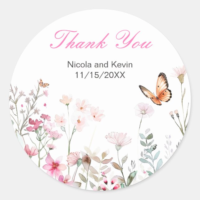 Sticker Rond Rose profond printemps, Mariage floral papillon (Devant)