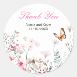 Sticker Rond Rose profond printemps, Mariage floral papillon