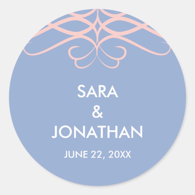 Sticker Rond Rose Quartz & Bleu, Elégant Mariage personnalisé (Devant)