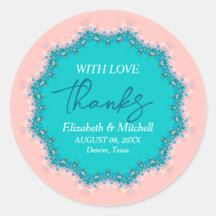 Sticker Rond Rose rose + Aqua sarcelle dentelle Merci