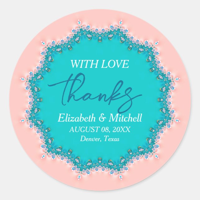 Sticker Rond Rose rose + Aqua Turquoise dentelle fractale Merci (Devant)