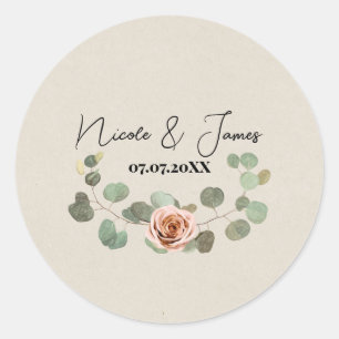 Sticker Rond Rose rose et cœur d'eucalyptus Mariage rustique