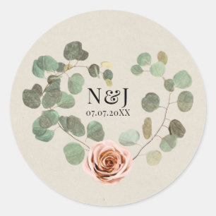 Sticker Rond Rose rose et Eucalyptus Coeur Rustique Mariage