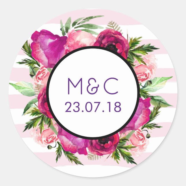 Sticker Rond Rose rose et Mariage de bouquet de fleurs de pavot (Devant)