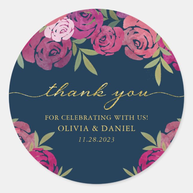 Sticker Rond Rose rose et violet Floral Merci bleu (Devant)