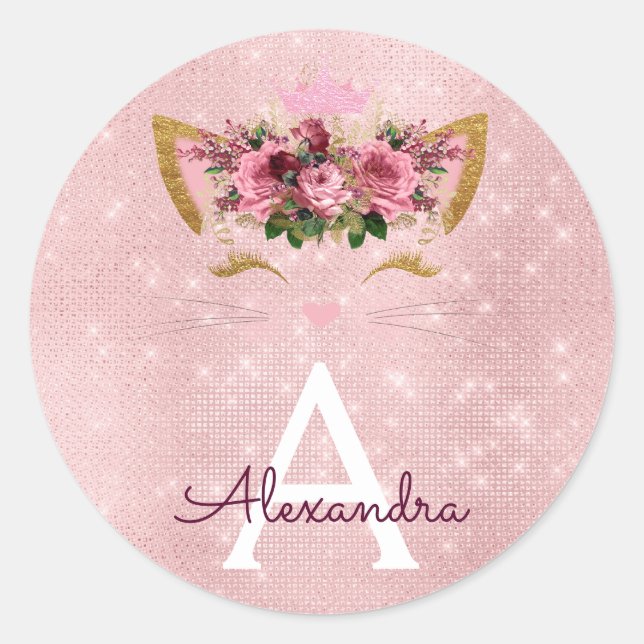 Sticker Rond Rose Rose Or Étincelle Kitty Monogramme Anniversai (Devant)