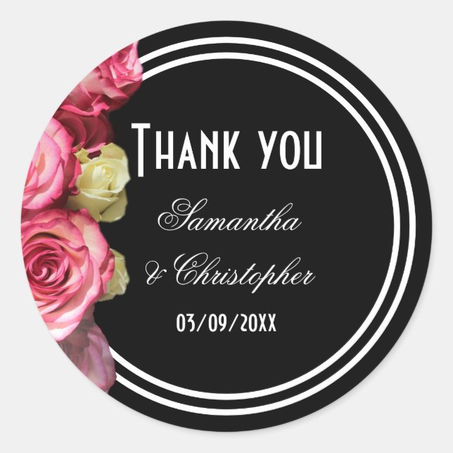 Sticker Rond Rose rose sur noir mariage nuptiale merci (Devant)