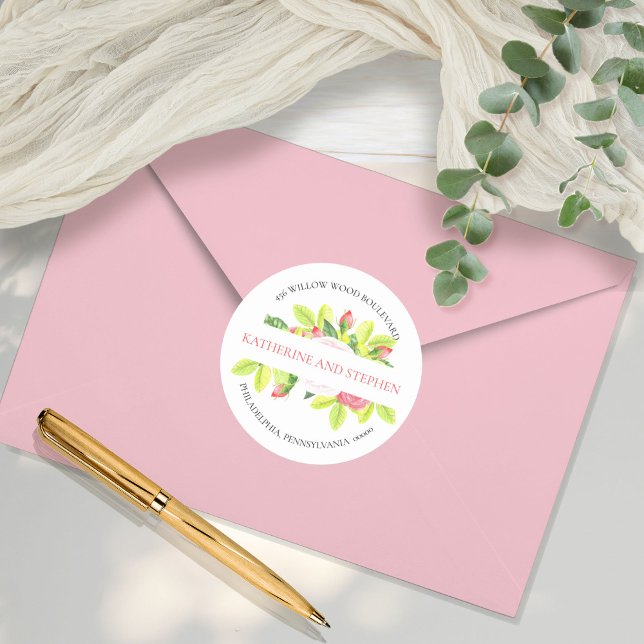Sticker Rond Rose Roses Boho Aquarelle Florale Adresse de retou (Créateur téléchargé)