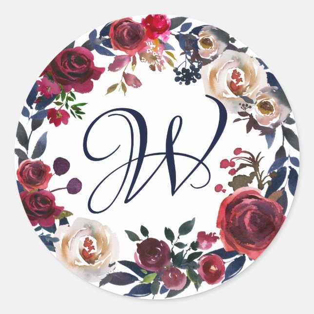 Sticker Rond Rose rouge et blanc couronne florale Monogramme (Devant)