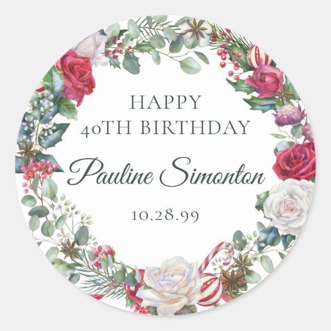 Sticker Rond Rose rouge et Holly 40e anniversaire Elegant (Devant)