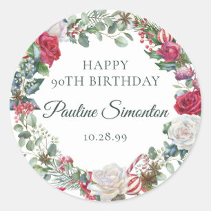 Sticker Rond Rose rouge et Holly 90e anniversaire Elegant