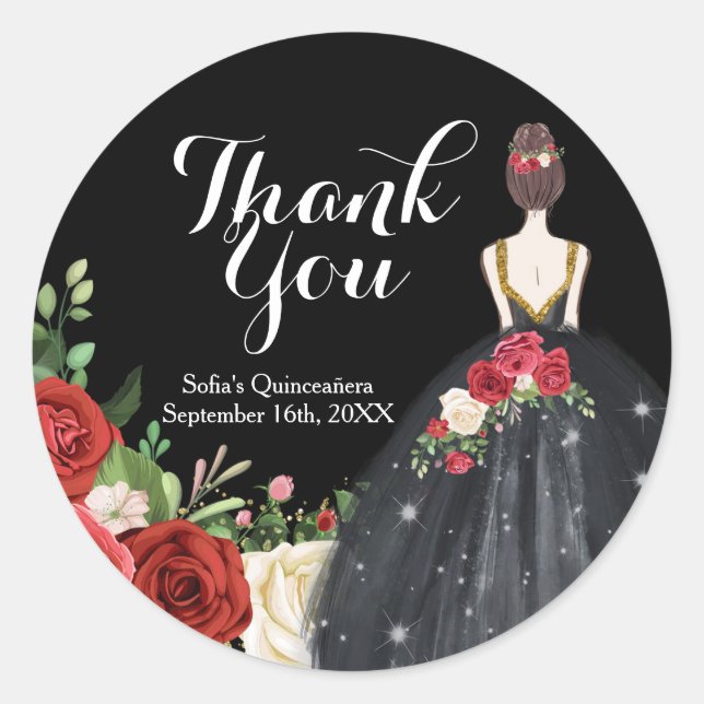 Sticker Rond Rose rouge et noir Mis Quince Merci  (Devant)