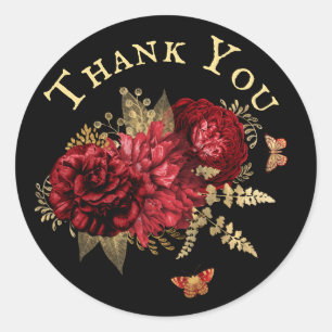 Sticker Rond Rose  Rouge or Floral Papillon Merci