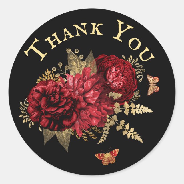 Sticker Rond Rose  Rouge or Floral Papillon Merci (Devant)