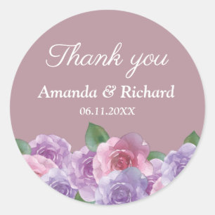 Sticker Rond Rose roux rose violet Mariage floral Merci