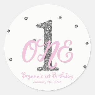 Sticker Rond Rose & Silver Girls ONE 1er anniversaire fête Favo