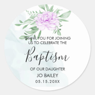 Sticker Rond Rose violet Eucalyptus Feuille Baptême Merci