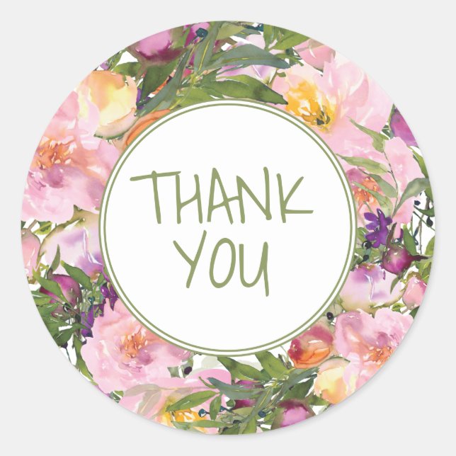 Sticker Rond Rose violet Floral vert Feuille Merci (Devant)