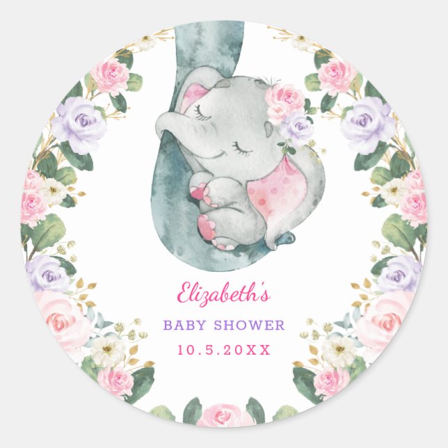 Sticker Rond Rose violet or Floral Eléphant Baby shower fille (Devant)