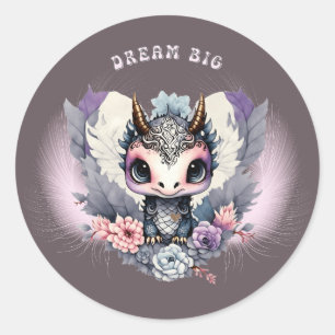 Sticker Rond Rose Whimsical "Dream Big" Petit Dragon