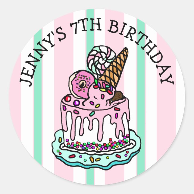 Sticker rond rose Whimsical pour gâteau d'annivers (Devant)