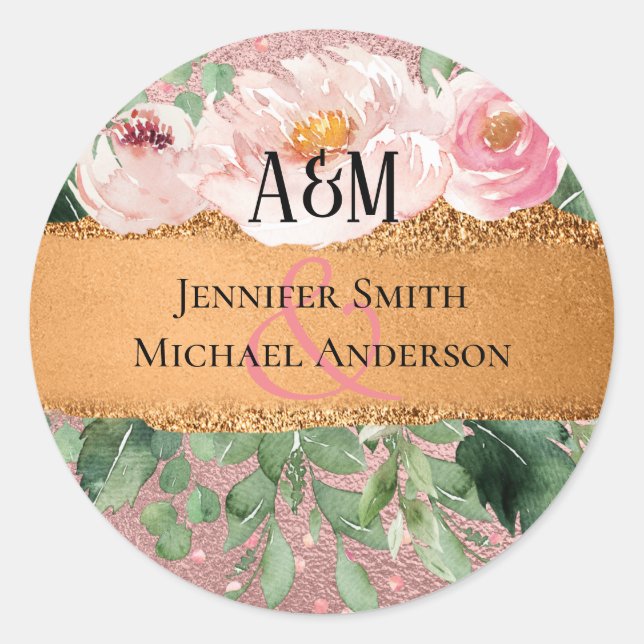Sticker Rond RoseGold Parties scintillant métallique Floral Foi (Devant)