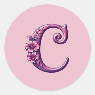 Sticker Rond Rosemaling Métallisé Moderne Lettre C, Rose/Violet