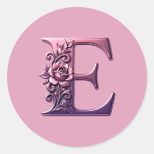 Sticker Rond Rosemaling Métallisé Moderne Lettre E, Rose/Violet