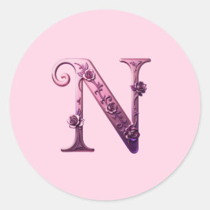 Sticker Rond Rosemaling Métallisé Moderne Lettre N, Rose/Violet