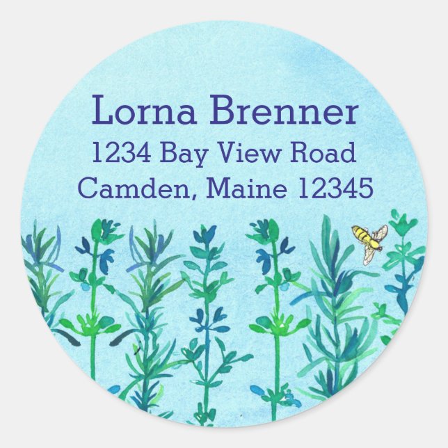 Sticker Rond Rosemary Thyme Bee Aquarelle Herbes Retour Adresse (Devant)