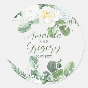 Sticker Rond Roses blanches élégantes et verdure
