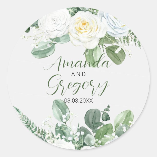 Sticker Rond Roses blanches élégantes et verdure  (Devant)