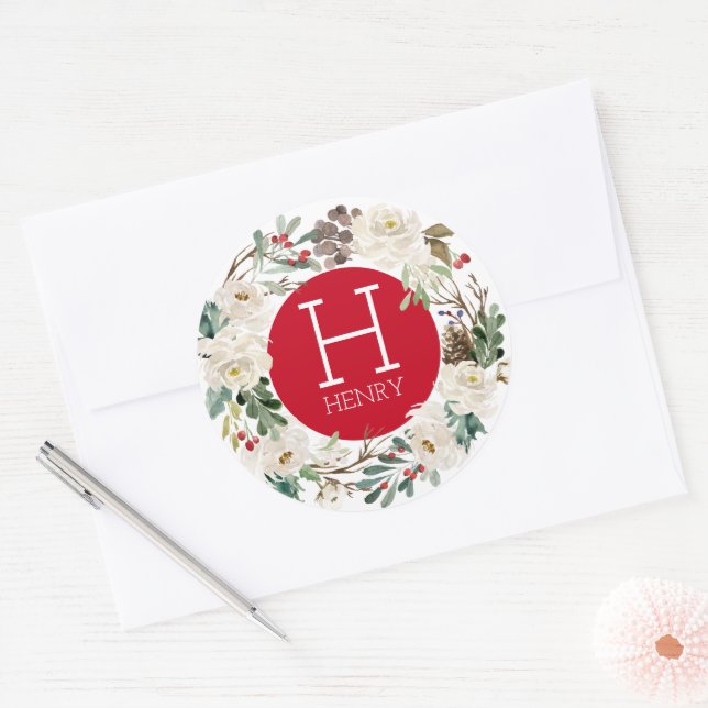 Sticker Rond Roses blanches et baies rouges couronne de Noël (Enveloppe)