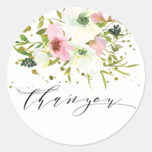 Sticker Rond Roses blanches et blanches avec éclaboussures d'or