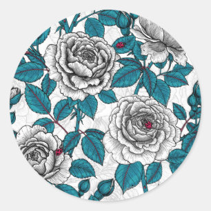 Sticker Rond Roses blanches et coccinelles
