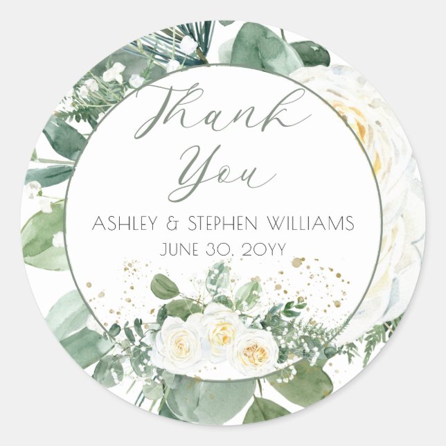Sticker Rond Roses blanches| Eucalyptus Merci floral (Devant)