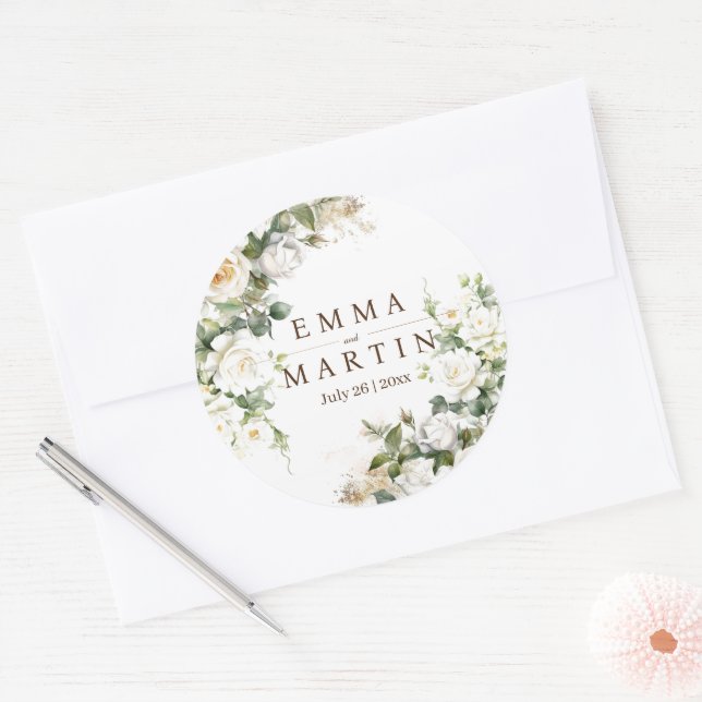 Sticker Rond Roses blanches Mariage Fleurs élégantes (Enveloppe)
