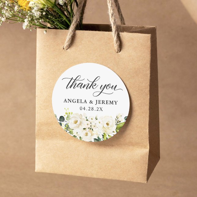 Sticker Rond Roses blanches vertes Merci Mariage floral (Perfect for sealing envelopes, embellishing gift bags, or adding a personal touch to wedding favors.)