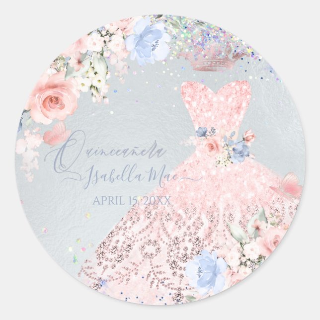 Sticker Rond Roses Blush de Quinceanera en Parties scintillant  (Devant)