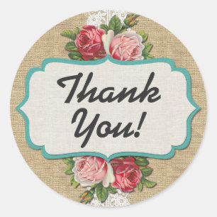 Sticker Rond Roses Chic Shabby, dentelle et Merci Burlap Rustiq