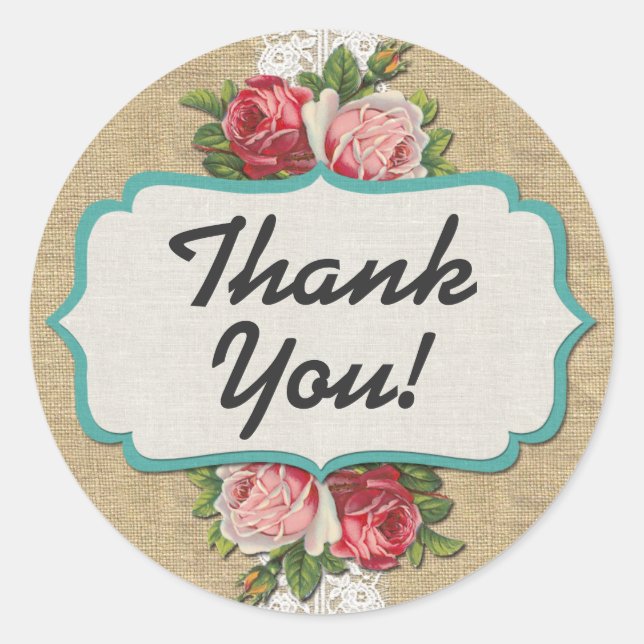 Sticker Rond Roses Chic Shabby, dentelle et Merci Burlap Rustiq (Devant)