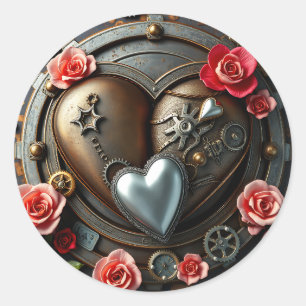 Sticker Rond Roses, Coeur d'argent et engrenages métalliques St