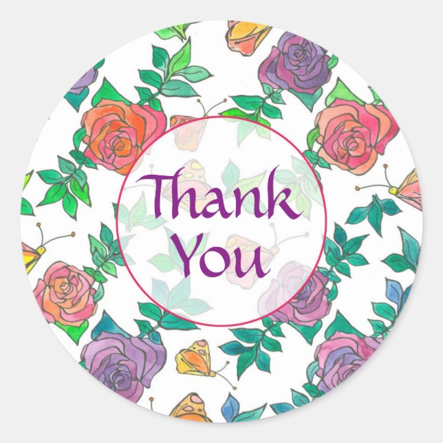 Sticker Rond Roses d'aquarelle Merci mauve violet (Devant)