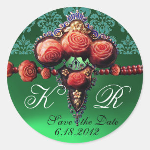 STICKER ROND ROSES DE CORAIL ROUGE, BLEU EMERALD VERT DAMASK MO