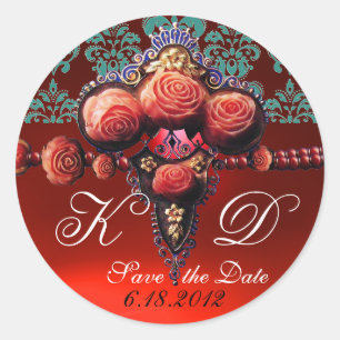 STICKER ROND ROSES DE CORAIL ROUGE, MONOGRAMME DE DAMASK RUBY