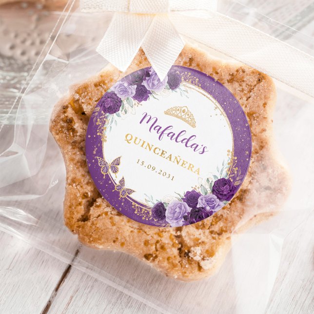 Sticker Rond Roses d'or violet Quinceanera Faveurs d'anniversai (Créateur téléchargé)