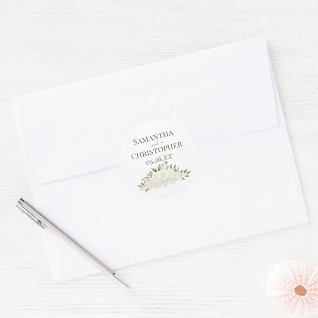 Sticker Rond Roses et fleurs blanches d'ivoire Mariage simple (Enveloppe)